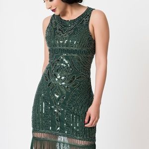Emerald Green Deco Beaded Fringe Flapper Dress